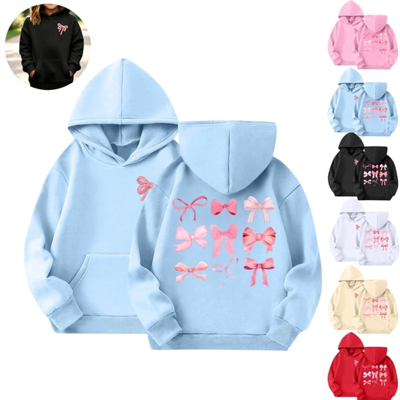 Mfakffe Girls Hooded Sweatshirt Cute Bow Print Long Sleeve Pullover Hoodie Casual Loose Fit with Front Pocket for Spring Fall