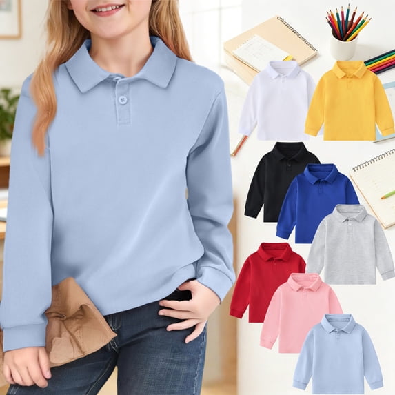 Mfakffe Girls Polo Shirt Back To School Long Sleeve School Uniform Fall Casual Shirts Vacation Lapel Collar Tops (Sky Blue, 8-9 Years)