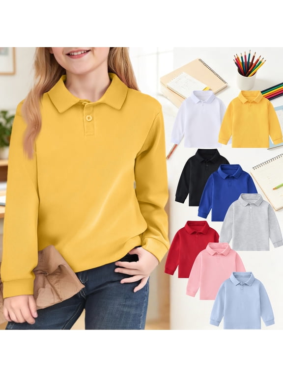 Girls Polo Shirt Back To School Long Sleeve School Uniform Fall Casual Shirts Vacation Lapel Collar Tops (Yellow, 3-4 Years)