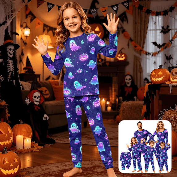 Mfakffe Halloween Family Matching Loungewear Set Long Sleeve Tops and Pants Sleepwear Ghost and Pumpkin Print Soft Pajamas for Holiday Party