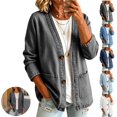 thumbnail image 1 of Mfakffe Jean Jacket Women V Neck Button Casual Cardigan Long Sleeve Loose Fit Lightweight Open Front Outerwear with Pockets, 1 of 4