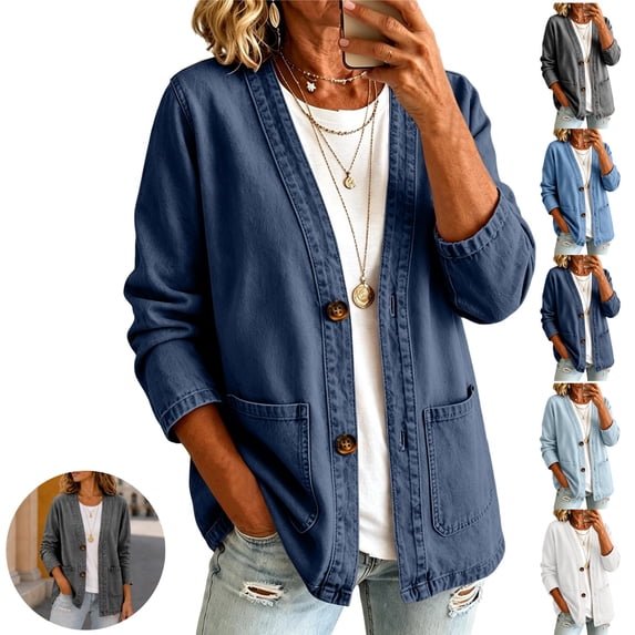 Mfakffe Jean Jacket Women V Neck Button Casual Cardigan Long Sleeve Loose Fit Lightweight Open Front Outerwear with Pockets