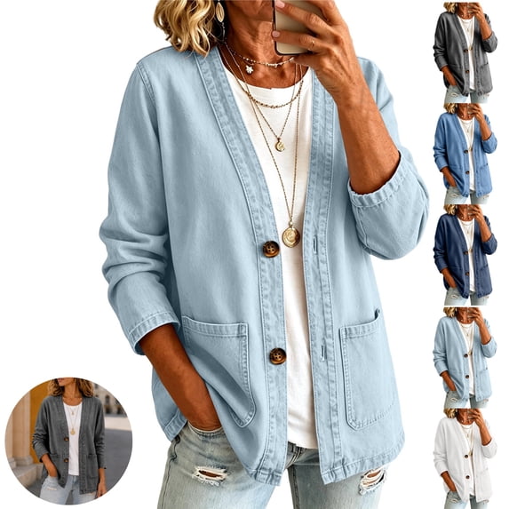 Mfakffe Jean Jacket Women V Neck Button Casual Cardigan Long Sleeve Loose Fit Lightweight Open Front Outerwear with Pockets