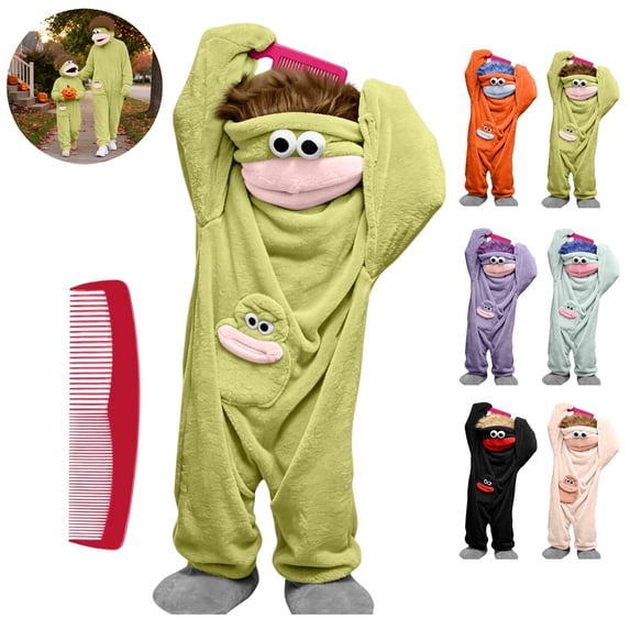 Mfakffe Kids Funny Big Mouth Monster Onesie Pajamas Hooded Full Body Matching Loungewear Warm Sleep Costume for Boys Girls Cold Weather Home Wear With Comb
