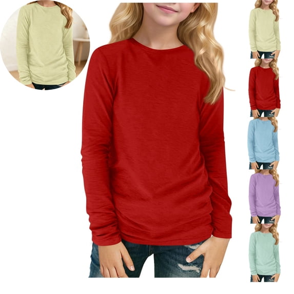 Mfakffe Kids Long Sleeve Crewneck T-Shirts Casual Fall Tops Fashion Lightweight Solid Color Tees for Children Daily Wear