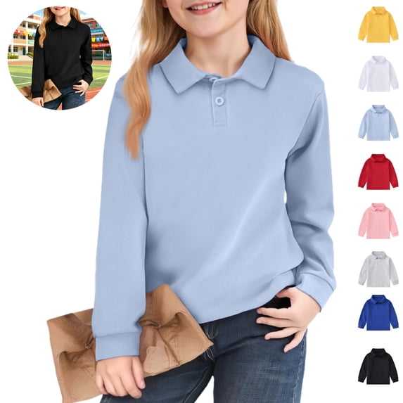 Mfakffe Kids Polo Shirts Back To School School Uniform Long Sleeve Shirts Casual Notch Collar(Sky Blue,2-3 Years)