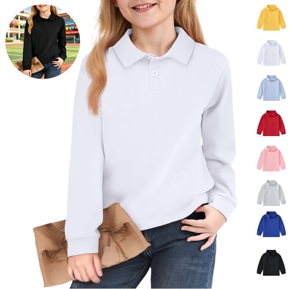 Mfakffe Kids Polo Shirts Back To School School Uniform Long Sleeve Shirts Casual Notch Collar(White,8-9 Years)