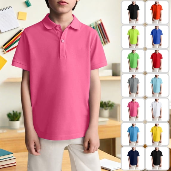 Mfakffe Kids Polo Shirts Back To School Short Sleeve School Uniform Summer Casual Tshirt Vacation Lapel Collar Tops (Hot Pink, 8-9 Years)