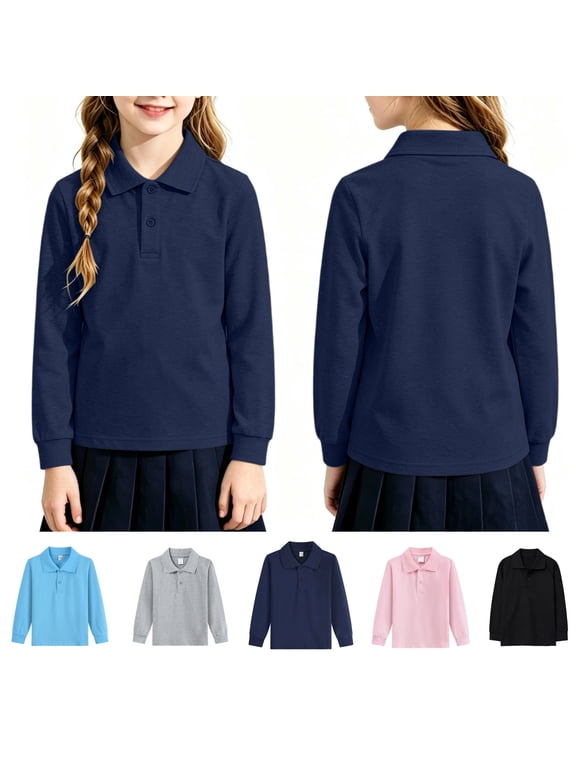 Kids School Uniform Long Sleeve Polo Shirt Back to School Button Closure Comfortable Breathable Fabric