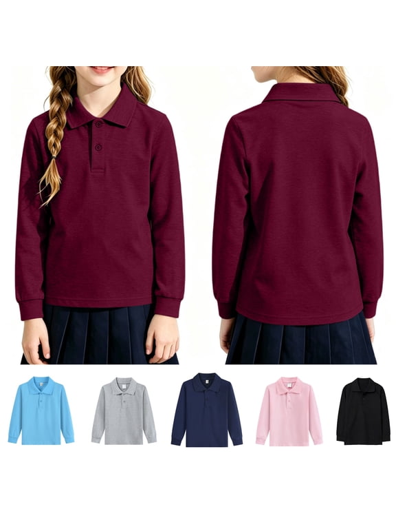 Kids School Uniform Long Sleeve Polo Shirt Back to School Button Closure Comfortable Breathable Fabric