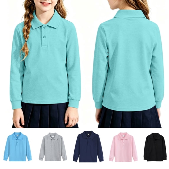 Mfakffe Kids School Uniform Long Sleeve Polo Shirt Back to School Button Closure Comfortable Breathable Fabric