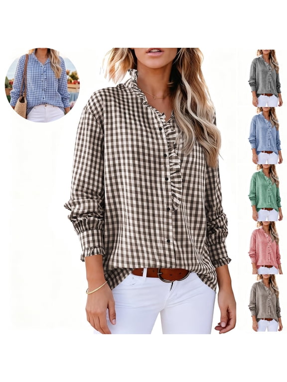 Long Sleeve Shirts for Women Gingham Plaid Ruffled V‑Neck Button Down Blouse Casual Loose Fit Spring Fall Tops