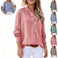 thumbnail image 1 of Mfakffe Long Sleeve Shirts for Women Gingham Plaid Ruffled V‑Neck Button Down Blouse Casual Loose Fit Spring Fall Tops, 1 of 5