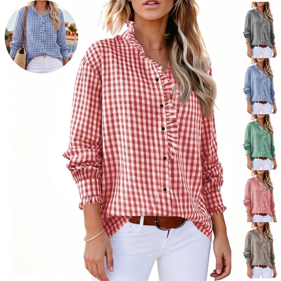 Mfakffe Long Sleeve Shirts for Women Gingham Plaid Ruffled V‑Neck Button Down Blouse Casual Loose Fit Spring Fall Tops
