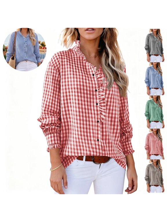 Long Sleeve Shirts for Women Gingham Plaid Ruffled V‑Neck Button Down Blouse Casual Loose Fit Spring Fall Tops