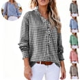 thumbnail image 1 of Mfakffe Long Sleeve Shirts for Women Gingham Plaid Ruffled V‑Neck Button Down Blouse Casual Loose Fit Spring Fall Tops, 1 of 5