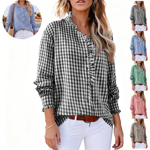 Mfakffe Long Sleeve Shirts for Women Gingham Plaid Ruffled V‑Neck Button Down Blouse Casual Loose Fit Spring Fall Tops
