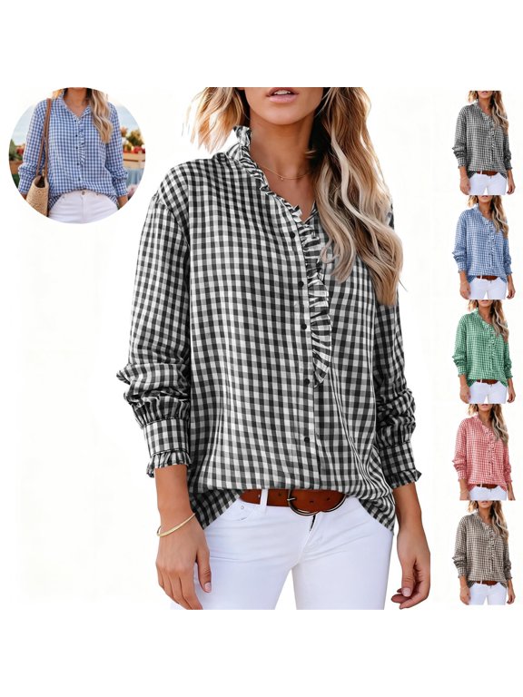 Long Sleeve Shirts for Women Gingham Plaid Ruffled V‑Neck Button Down Blouse Casual Loose Fit Spring Fall Tops