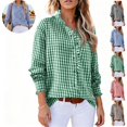thumbnail image 1 of Mfakffe Long Sleeve Shirts for Women Gingham Plaid Ruffled V‑Neck Button Down Blouse Casual Loose Fit Spring Fall Tops, 1 of 4