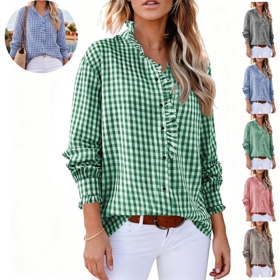 Mfakffe Long Sleeve Shirts for Women Gingham Plaid Ruffled V‑Neck Button Down Blouse Casual Loose Fit Spring Fall Tops