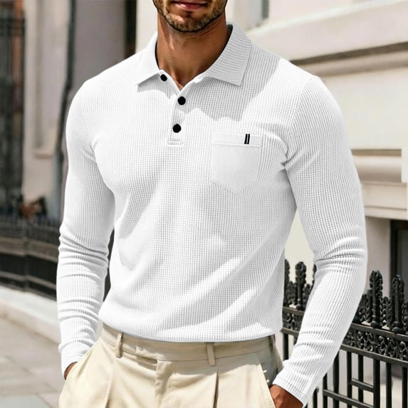 Mfakffe Men Knit Long Sleeve Polo Shirts Solid Collared Button Placket Daily Tops Soft Breathable Spring Fall Casual Layering Apparel
