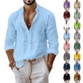 thumbnail image 1 of Mfakffe Men Linen Shirt Button Down Long Sleeve Beach Band Collar Casual Summer Shirts, 1 of 5