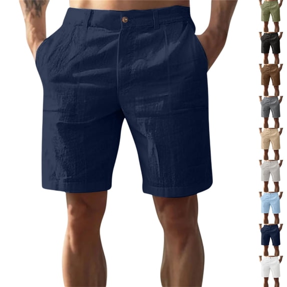 Mfakffe Men Linen Shorts Summer Casual Vintage Shorts Outdoor Knee Length Short Pants Elastic Waist Wide Leg Bottom (Navy, 3XL)