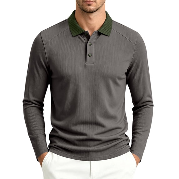 Mfakffe Men's Polo Shirts Classic Long Sleeve Golf T Shirt Fall Winter Big and Tall Lapel Collar Tops Work Cotton Tees (Gray, 3XL)