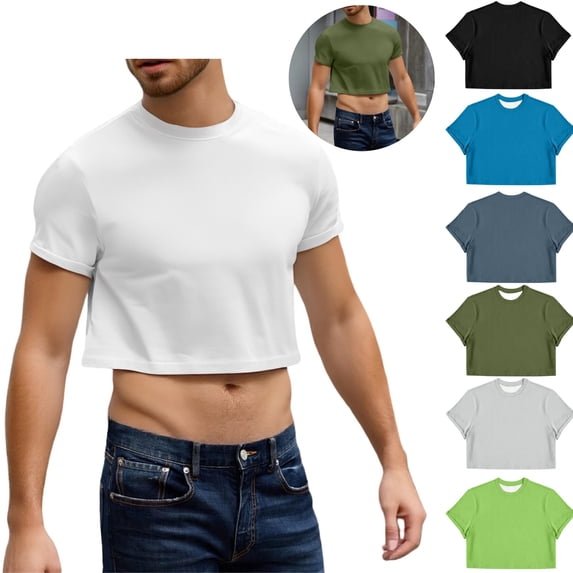 Mfakffe Mens Crew Neck Cropped Short Sleeve Tee Solid Color Midriff Cut Lightweight Casual Top for Street Summer Daily Outfit