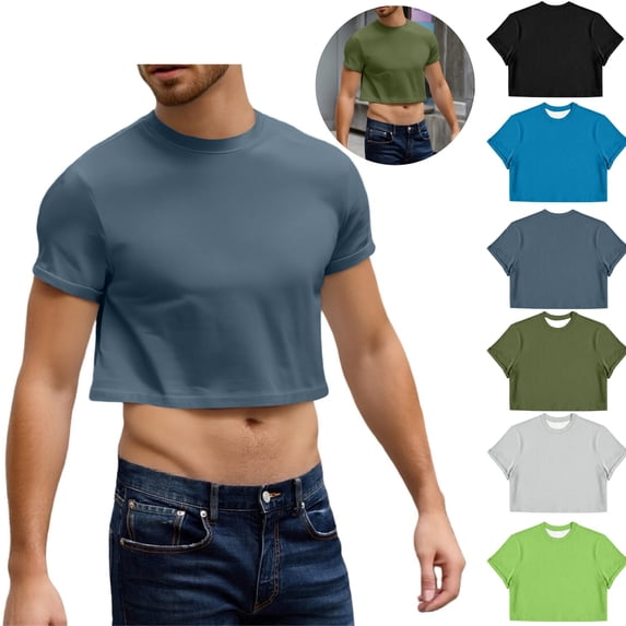 Mfakffe Mens Crew Neck Cropped Short Sleeve Tee Solid Color Midriff Cut Lightweight Casual Top for Street Summer Daily Outfit