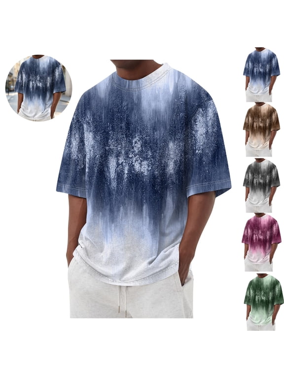 Mens Graphic Crewneck Tshirt Summer Plus Size Short Sleeve Lightweight Tops Gradient Color Casual Big and Tall Tees