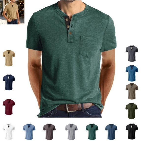Mfakffe Mens T-shirts Round Neck Comfortable Sport Short Sleeve Breathable Henry Collar Design Solid Color Underwear Top