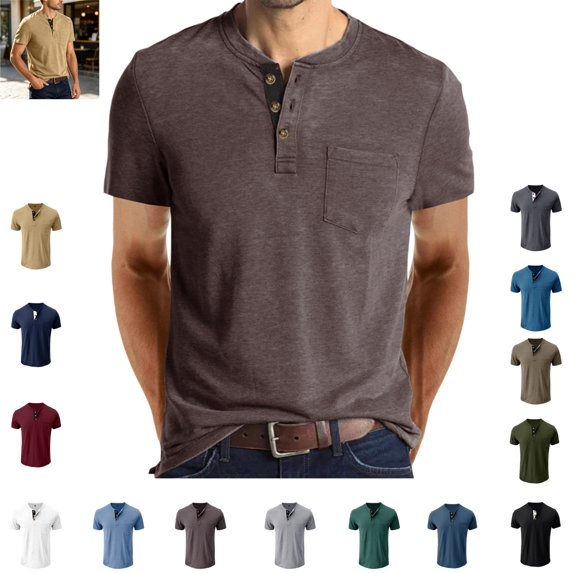 Mfakffe Mens T-shirts Round Neck Comfortable Sport Short Sleeve Breathable Henry Collar Design Solid Color Underwear Top