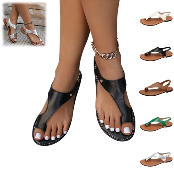 Mfakffe Orthopedic Sandals for Women Summer Beach Ankle Strap Thong Sandals Comfortable Casual Open Toe Flat Shoes Vacation Toe Ring Walking Shoes (Black)