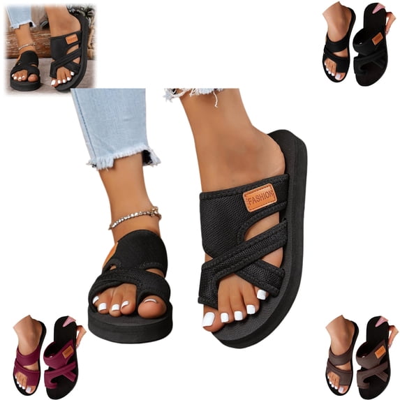 Mfakffe Orthopedic Sandals for Women Summer Beach Wide Toe Ring Flip Flops Comfortable Slip on Slippers Casual Walking Flat Shoes (Black)