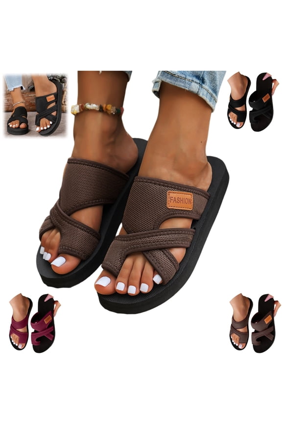 Orthopedic Sandals for Women Summer Beach Wide Toe Ring Flip Flops Comfortable Slip on Slippers Casual Walking Flat Shoes (Coffee)