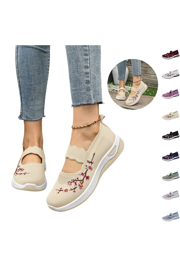 Orthopedic Shoes for Women Fashion Slip on Mesh Breathable Sneakers Arch Support Closed Toe Mary Jane Shoes Comfy Non Slip Walking Loafers(Beige)