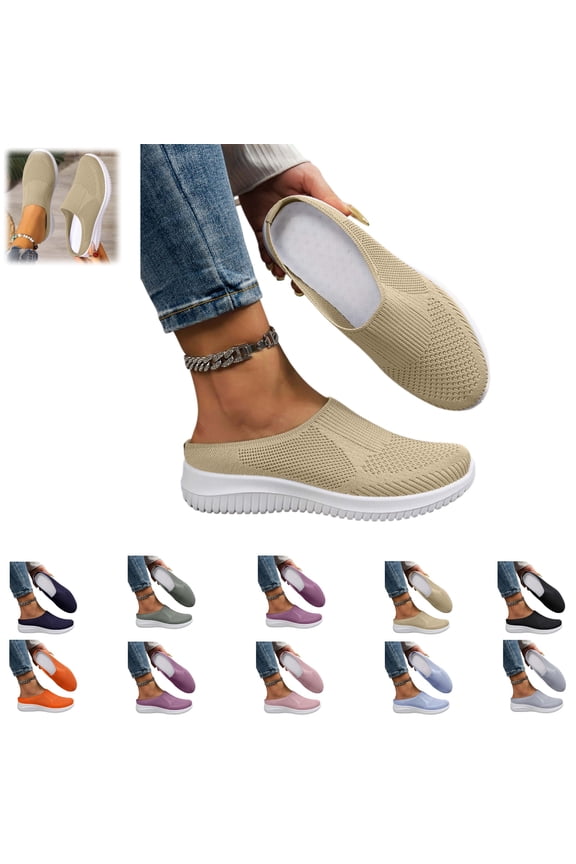 Orthopedic Sneakers for Women Breathable Mesh Knit Sneakers Slip on Soft Non-Slip Walking Shoes(Beige)