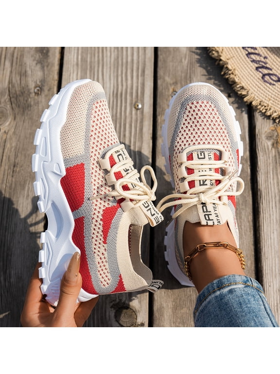 Orthopedic Womens Breathable Knit Mesh Sneakers Lace Up Color Block Chunky Platform Walking Shoes Casual Fashion Non Slip Athletic Trainers