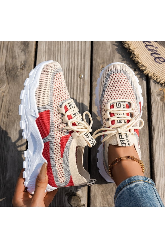 Orthopedic Womens Breathable Knit Mesh Sneakers Lace Up Color Block Chunky Platform Walking Shoes Casual Fashion Non Slip Athletic Trainers
