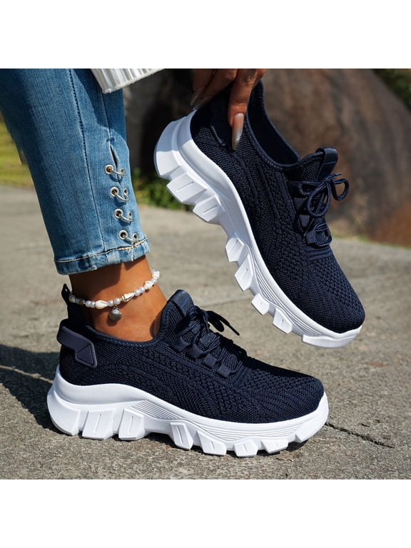 Orthopedic Womens Fashion Knit Mesh Sneakers Lace Up Breathable Chunky Platform Walking Shoes Non Slip Comfort Casual Athletic Trainers