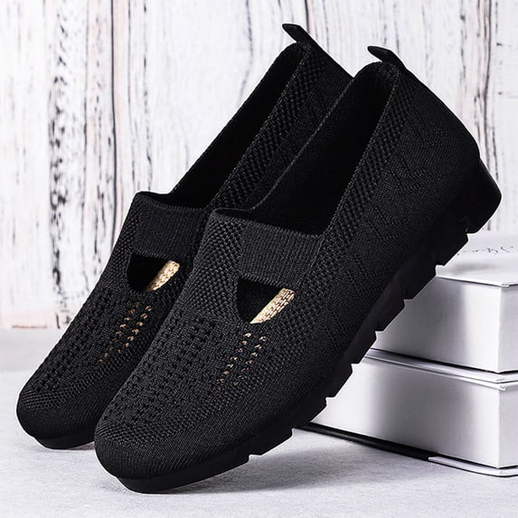 Mfakffe Orthopedic Womens Hollow Knit Slip On Loafers Breathable Cutout Mesh Flat Casual Shoes Lightweight Soft Non-Slip Walking Shoes
