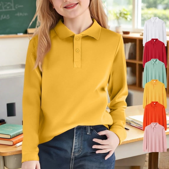 Mfakffe Polo Shirts for Toddler Girls Back To School Long Sleeve School Uniform Fall Lapel Collar Golf Shirts Casual Top (Yellow, 6-7 Years)