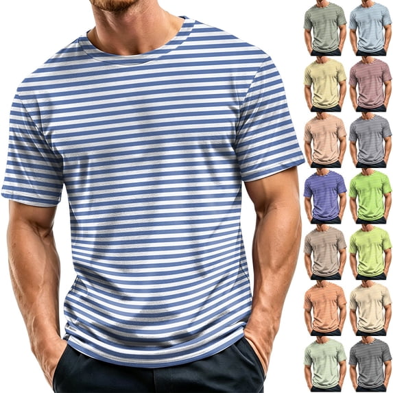 Mfakffe Shirts For Men Casual Striped T-Shirts Short Sleeve Crewneck Basic Tee