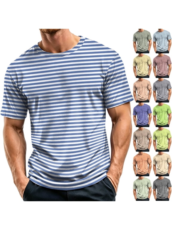 Shirts For Men Casual Striped T-Shirts Short Sleeve Crewneck Basic Tee