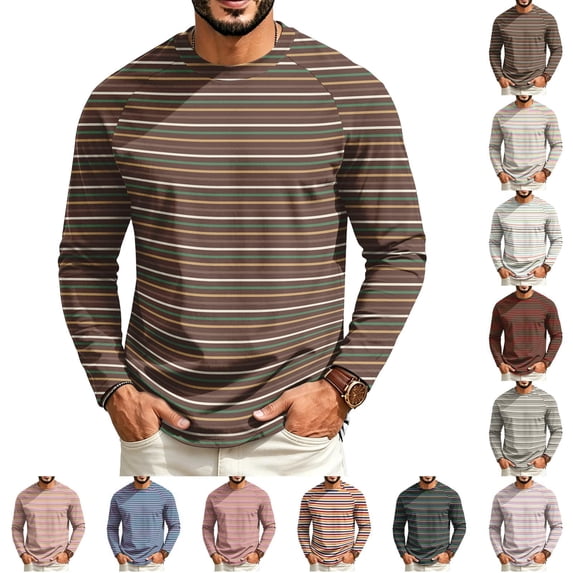 Mfakffe Shirts For Men Long Sleeve Crew Neck Striped T Shirts Casual Daily Basic Tee Top