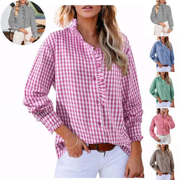 Mfakffe Shirts For Women Gingham Plaid Long Sleeve Button Down Shirt Ruffled V‑Neck Casual Loose Fit Blouse for Daily Wear