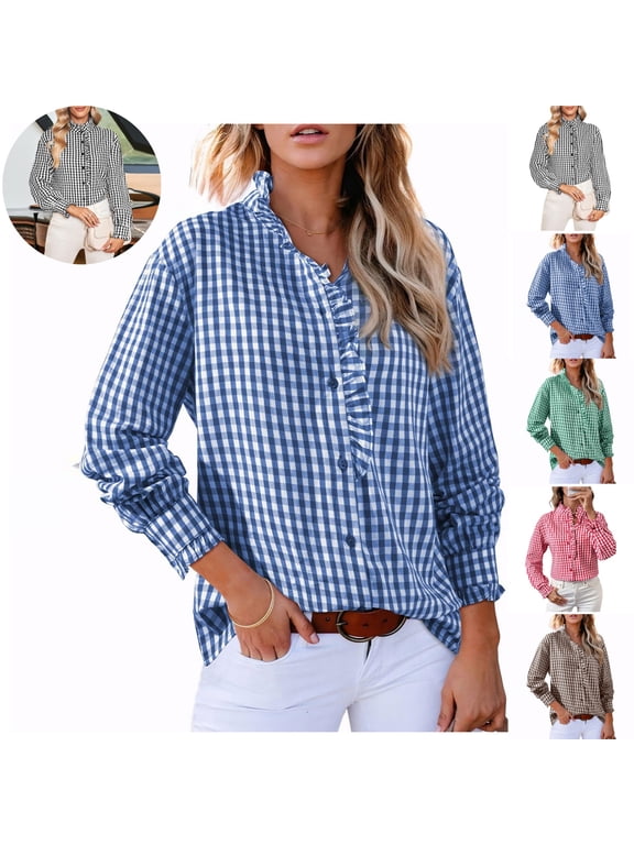 Shirts For Women Gingham Plaid Long Sleeve Button Down Shirt Ruffled V‑Neck Casual Loose Fit Blouse for Daily Wear