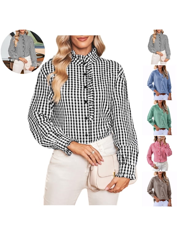 Shirts For Women Gingham Plaid Long Sleeve Button Down Shirt Ruffled V‑Neck Casual Loose Fit Blouse for Daily Wear