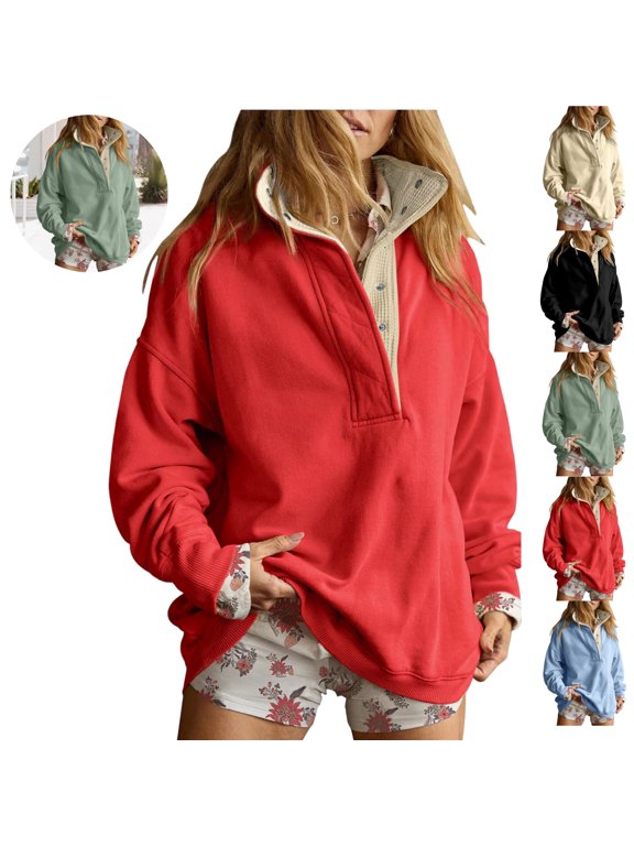Sweaters for Women Half Snap Stand Collar Pullover Sweatshirt Long Sleeve Loose Casual Soft Cozy Fashion Top